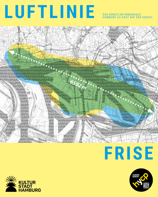 Luftline, Karte von Hamburg Ausschnitt Altona bis Veddel zeigt die Luftlinie zwischen dem Künstlerhaus FRISE und dem HyCP Veddel Space