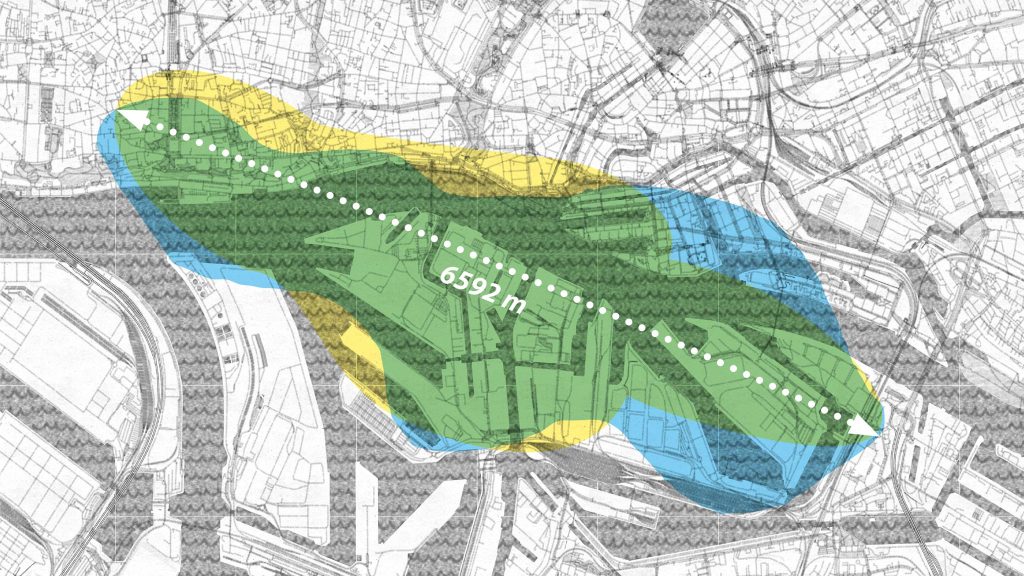 Karte in Schwarz-Weiß Hamburg zwischen Altona und Veddel ist ein Pfeil der die Luftlinie anzeigt